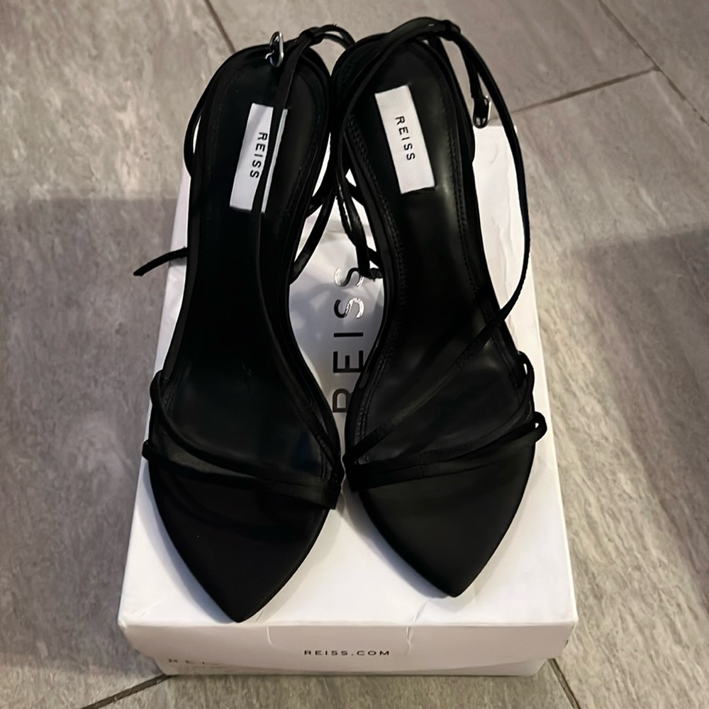 REISS Adela Satin Strappy Heels SANDALS Size 40 8 Ankle Strap Black NEW